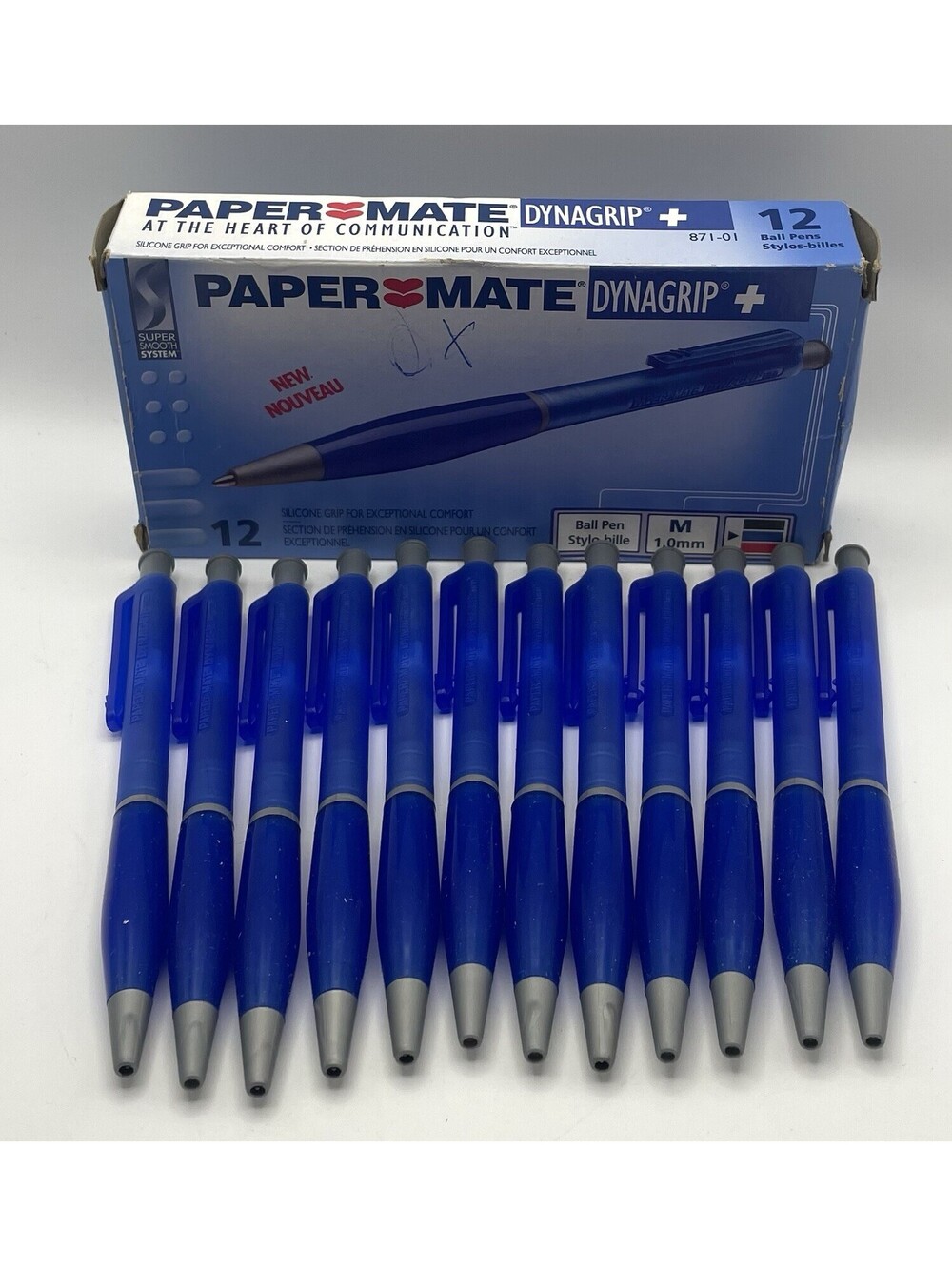 2001 Paper Mate Dynagrip + Plus Blue Ink 1.0mm Ball Pen 12 Pack ~ Open Box